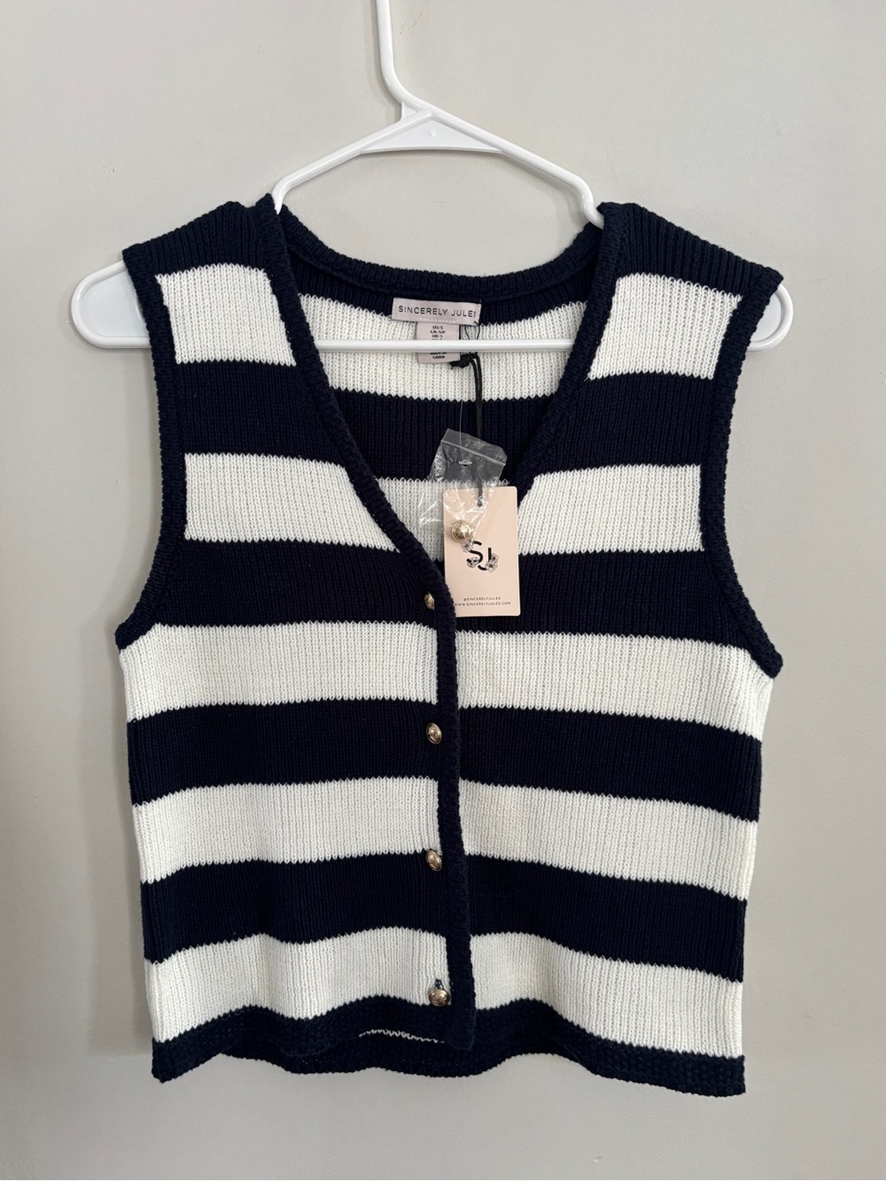 Sincerely Jules NWT Sweater Vest Small Navy White Stripe Knit Button Front Prepp